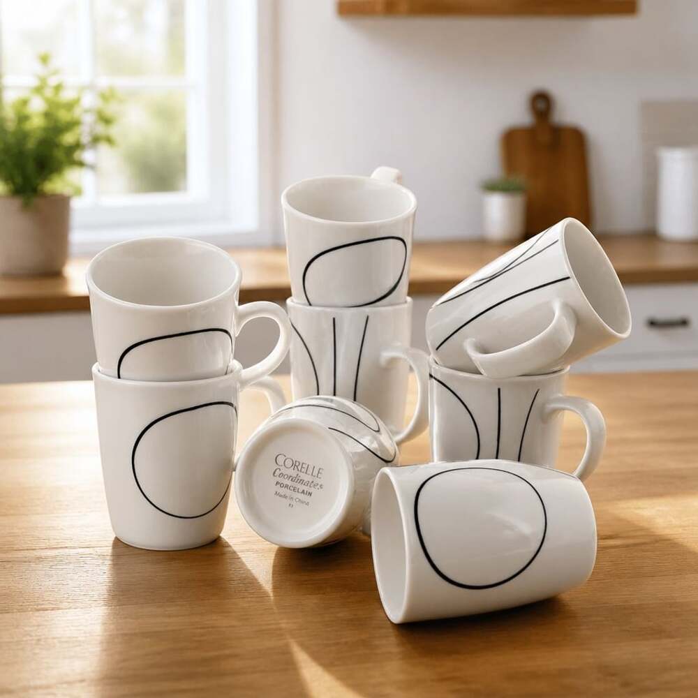 Set of (8)-Corelle Coordinates Porcelain Mugs-Geometric Black Circles Lines 12oz